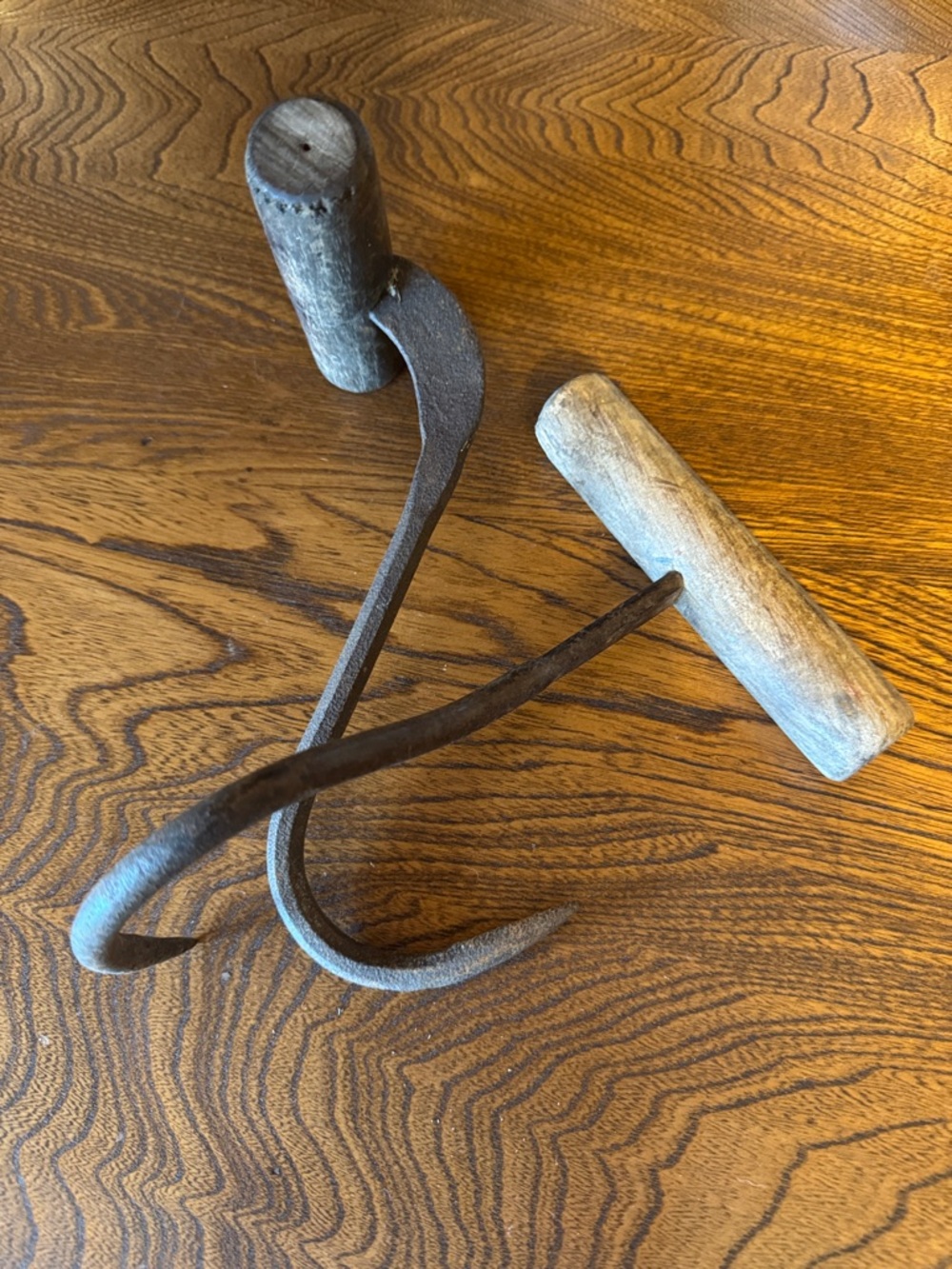 2 Rustic Antique Iron Hay Hooks w/ Wood Handles for Decor diy upcycle repurpose